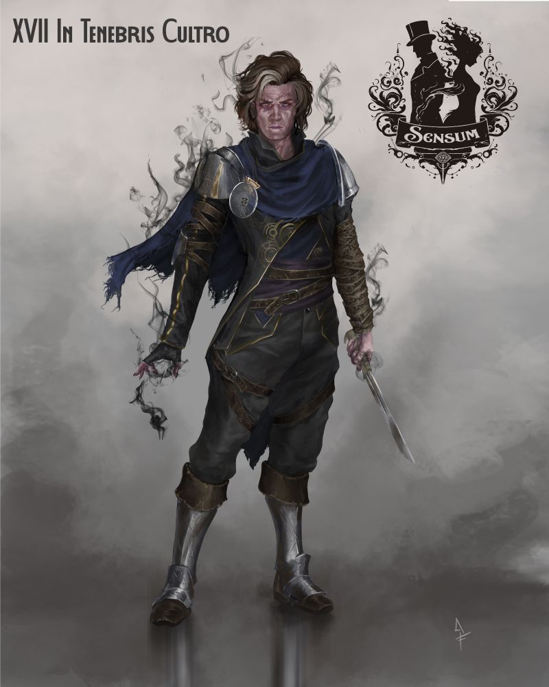Fantasy illustration of an androgynous character with a scarred face and intense eyes, surrounded by dark smoke rising from their hands. They wear a Victorian-style fantasy outfit with golden details and partial metal armor on the shoulders, legs, and boots. One arm is wrapped in rune-inscribed parchment bandages, while the other arm and legs are strapped with leather belts. They hold a dagger in their right hand, and dark energy emanates from their left. The background is smoky and grey. At the top left is the Latin phrase “XVII In Tenebris Cultro”; on the top right, a logo shows two Victorian-style silhouettes and the word “Sensum”.