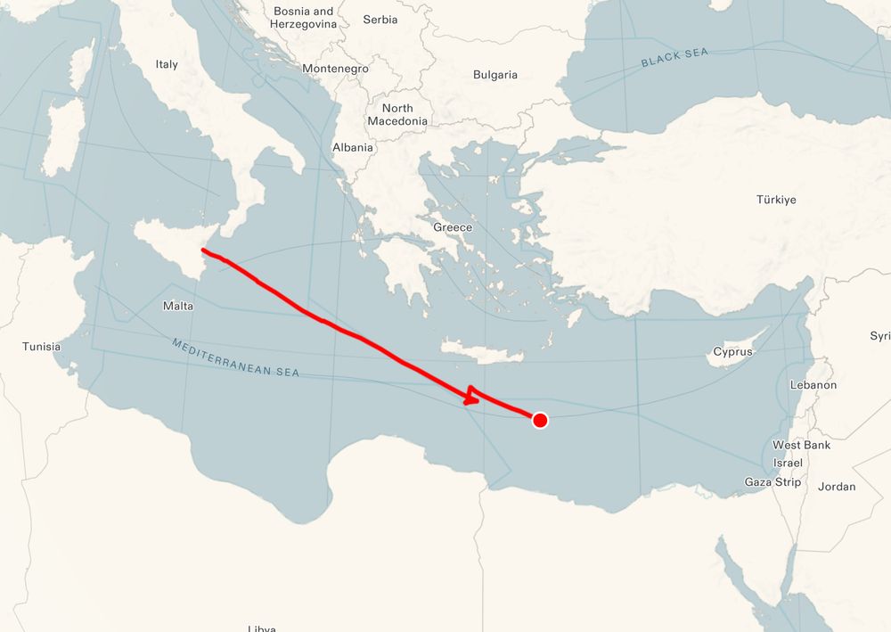 Map of the Med sea, with a red line heading West to East, from Scilly towards Gaza