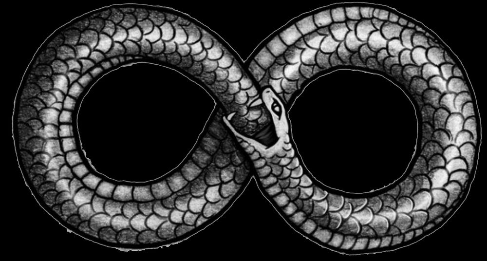 Dibujo de la serpiente mitológica Ouroboros, que se devora a si mismo, enroscada de forma que representa el símbolo de infinito.