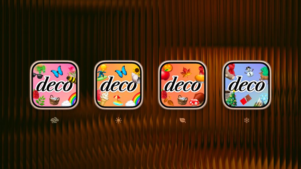 Seasonal-themed Deco app icons. From left to right: A pink spring icon with butterflies, bees, and flowers; an orange summer icon with a surfer, sun, and ice cream; an autumn icon with pumpkins, leaves, and pie on an orange background; and a blue-purple winter icon with a snowman, deer, and Christmas tree.