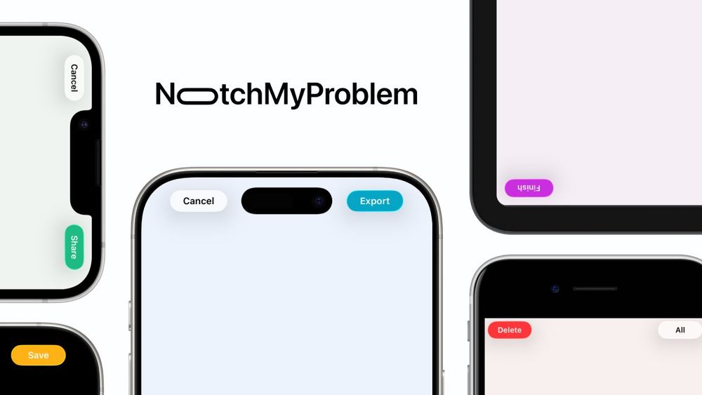The image showcases a collection of Apple device interfaces, all designed around a central "NotchMyProblem" logo where the 'O' in "Notch" is an elongated, pill-shaped element mirroring the iPhone's Dynamic Island. Specifically, an iPhone SE displays "Delete" and "All" buttons. An iPhone 16e features side-mounted "Cancel" and "Share" buttons. An iPhone 16 Pro is depicted with "Cancel" and "Export" buttons near its Dynamic Island, and another view shows a "Save" button. Finally, an iPad interface includes a pink "Finish" button.