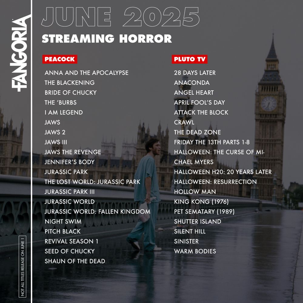 FANGORIA June 2025 - Streaming Horror

Peacock:
Anna And The Apocalypse
The Blackening
Bride Of Chucky
The ‘Burbs
I Am Legend
Jaws
Jaws 2
Jaws Iii
Jaws The Revenge
Jennifer’s Body
Jurassic Park
The Lost World: Jurassic Park
Jurassic Park Iii
Jurassic World
Jurassic World: Fallen Kingdom
Night Swim
Pitch Black
Revival Season 1
Seed Of Chucky
Shaun Of The Dead

Pluto TV:
28 Days Later
Anaconda
Angel Heart
April Fool’s Day
Attack The Block
Crawl
The Dead Zone
Friday The 13Th Parts 1-8
Halloween: The Curse Of Michael Myers
Halloween H20: 20 Years Later
Halloween: Resurrection
Hollow Man
King Kong (1976)
Pet Sematary (1989)
Shutter Island
Silent Hill
Sinister
Warm Bodies