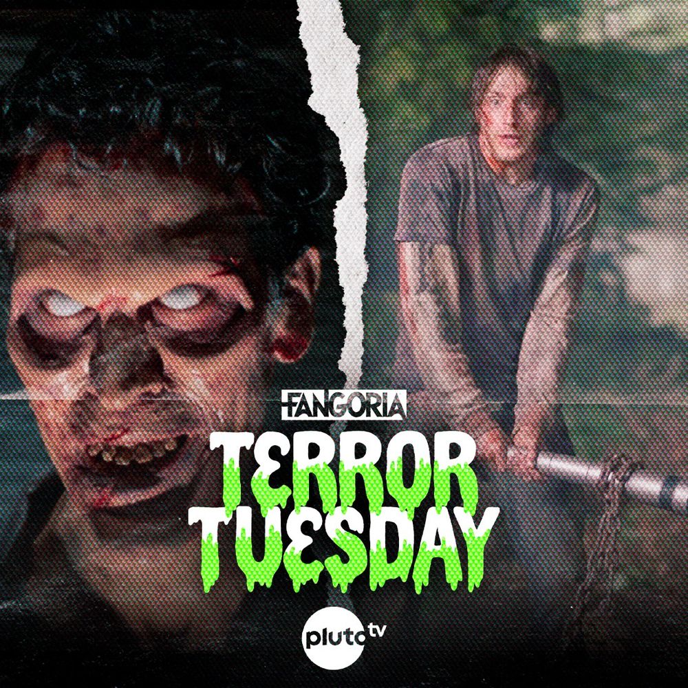 FANGORIA x Pluto TV: Terror Tuesday featuring EVIL DEAD II and THE CABIN IN THE WOODS. Pictured: (left) Bruce Campbell as Ash, with a close-up of his face when he is a deadite. (right) Fran Kranz as Marty, looking distressed, holding a metal bat.