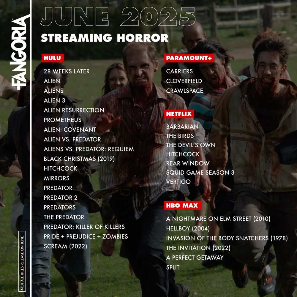 FANGORIA June 2025 - Streaming Horror

Hulu:
28 Weeks Later
Alien
Aliens
Alien 3
Alien Resurrection
Prometheus
Alien: Covenant
Alien Vs. Predator
Aliens Vs. Predator: Requiem
Black Christmas (2019)
Hitchcock
Mirrors
Predator
Predator 2
Predators
The Predator
Predator: Killer Of Killers
Pride + Prejudice + Zombies
Scream (2022)

Paramount:
Carriers
Cloverfield
Crawlspace

Netflix:
Barbarian
The Birds
The Devil’s Own
Hitchcock
Rear Window
Squid Game Season 3 
Vertigo

Hbo Max:
A Nightmare On Elm Street (2010)
Hellboy (2004)
Invasion Of The Body Snatchers (1978)
The Invitation (2022)
A Perfect Getaway
Split
