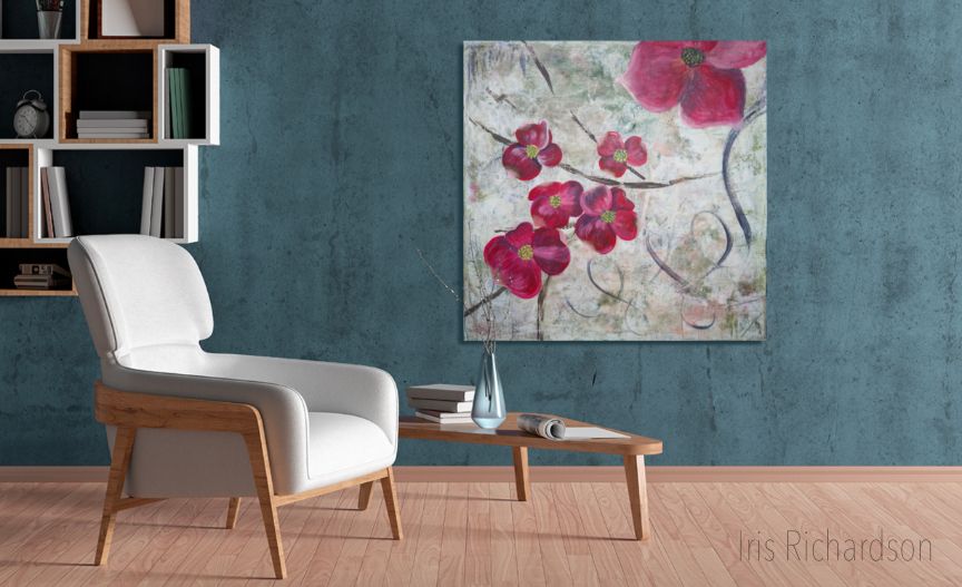 Red dogwood flowers on a grey textures background with ornate twists. Artist Iris Richardson