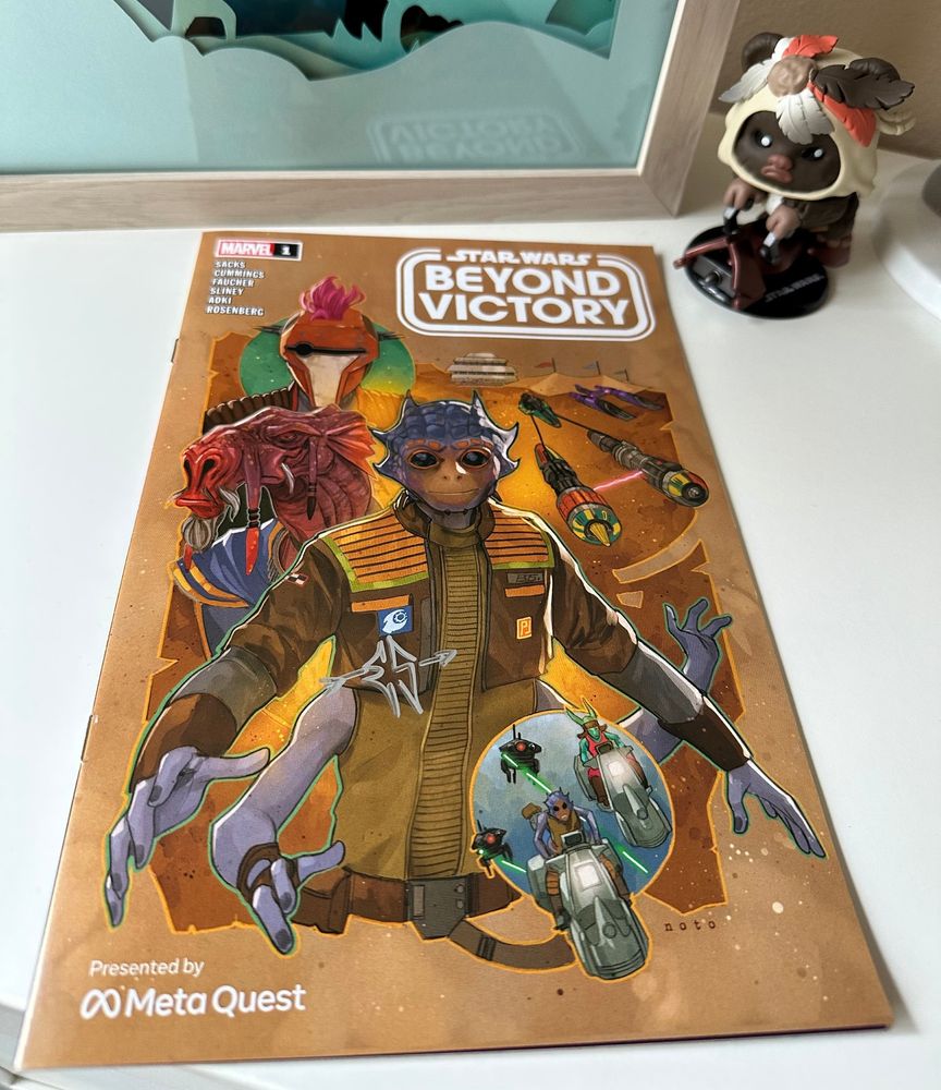 A copy of the comic book Star Wars: Beyond Victory handed out at the Meta Quest booth; the initials "ES" are on the cover in silver ink
