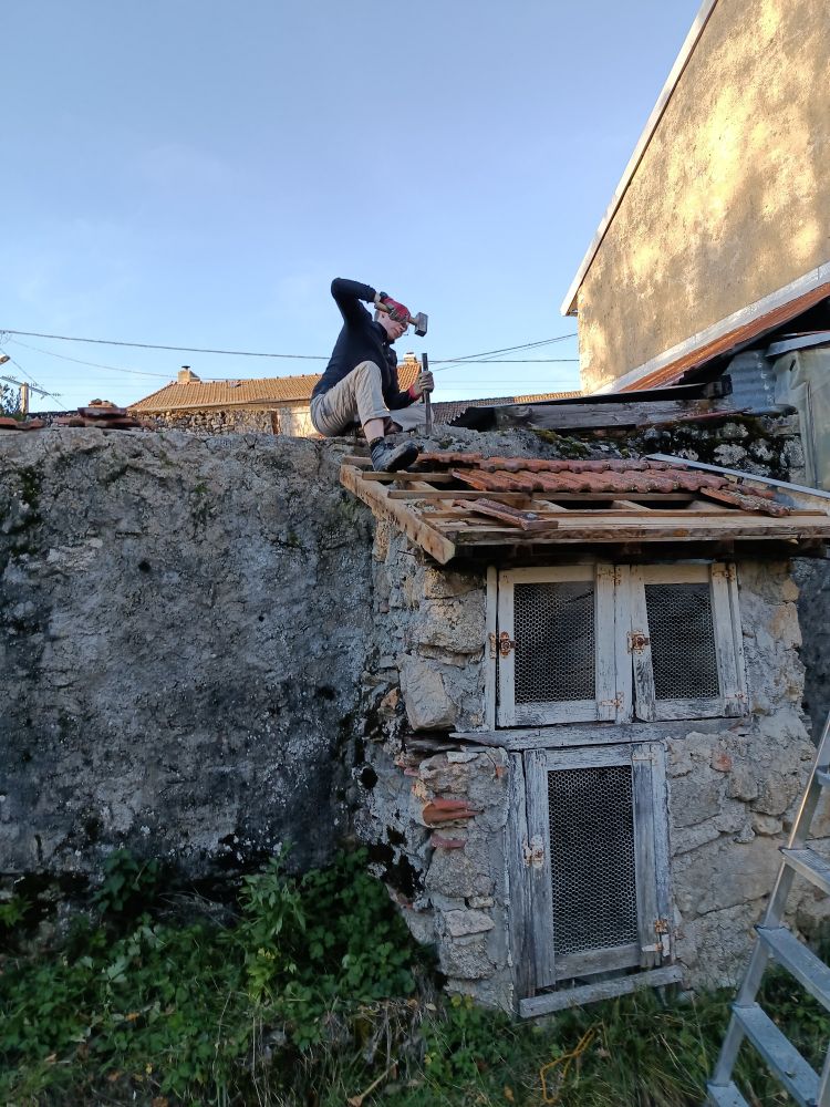 Photos de ma femme en train de désolidariser la charpente d'un clapier de lapins au marteau et au burin. 