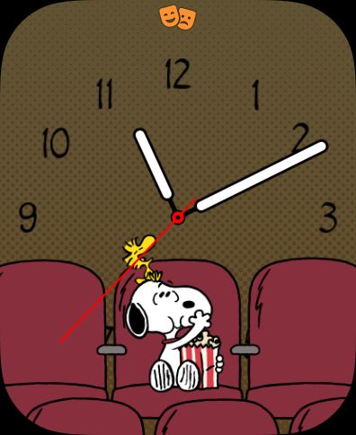 An Apple Watch face with Snoopy sitting in a theater chair. He is eating popcorn and Woodstock is perched on top of his head laughing. There is a giant clock face in the background… and the theater comedy/tragedy mask is top center.