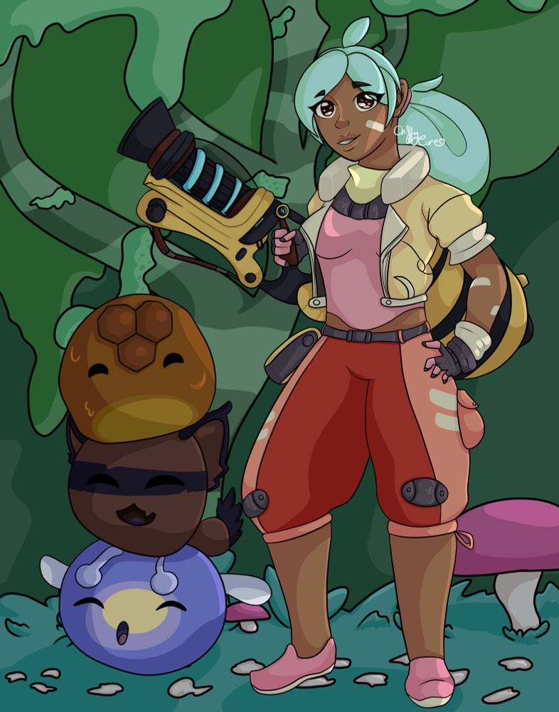a fanart of slime rancher, with the main character Beatrix LeBeau (dark skinned with mint long hair put in a loose low bun, in poofy red and pink shorts, a yellow jacket with a neck poof, and holding her vac pack) posing with one hand on her hip and the other holding her bee themed vac pack, in the moss blanket (a green, mossy themed forest) with 3 slimes in a stack. at the bottom of the stack is a phosphor slime (a blue fly themed slime with a yellow light inside it), in the middle is a hunter slime (a wild cat themed slime, brown with black stripes on the ears, tail and on the eyes), and at the top is a honey slime (a honey themed slime that’s honey coloured with honeycombs on the top of its head), all looking happy!