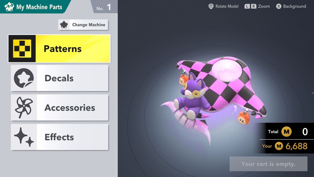 The Vampire star with Sources iconic Missing Texture pattern on it, a cute purple plush sits on the back and two waddle-dee keychains dangle from the wings.