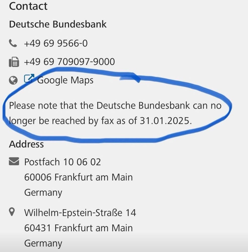 Please note that the Deutsche Bundesbank can no longer be reached by fax as of 31.01.2025.