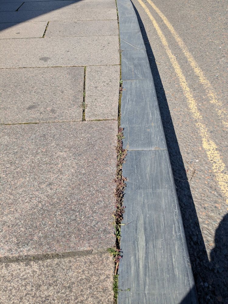 Photo of some square-edged dark grey stone kerbs.