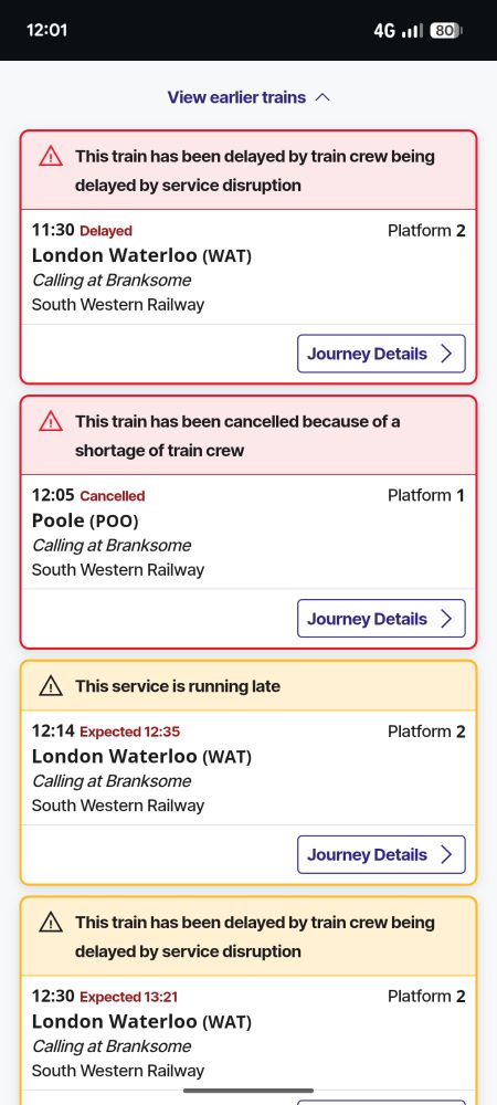 Screenshot from the National Rail Enquiries website showing all the trains to Branksome from London Waterloo or Weymouth being either significantly delayed or cancelled.