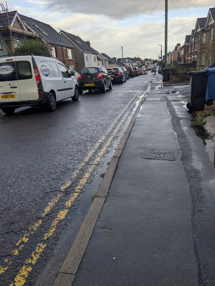 A photo of a narrow, residential, traffic calmed street, with a long line of traffic extending into the distance.