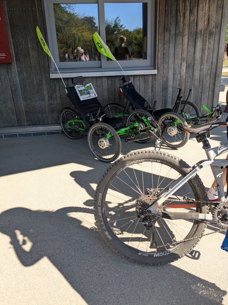 A badly-taken photo of two recumbent green tricycles parked outside the bike hire place.