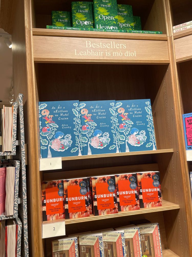 Seilf leabhar in Hodges Figgis leis an leabhar An Áit a nEitlíonn na Madaí Crainn ar bharr an liosta leabhair is mó díol
