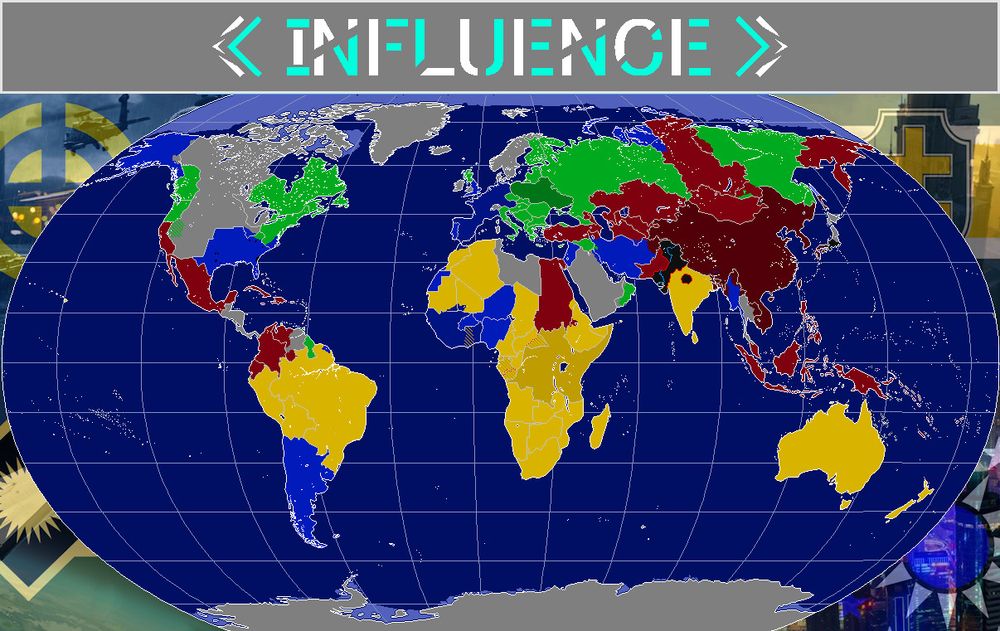 A map titled "influence" showing which smaller countries are influenced by others, coloured red, green, yellow and blue, for the Chinese Hyperstate, the Intermarium, the East African Federation and the European Federal Union