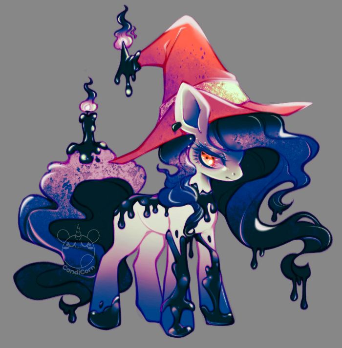 pony with an orange witch hat and black candles and wax on their body