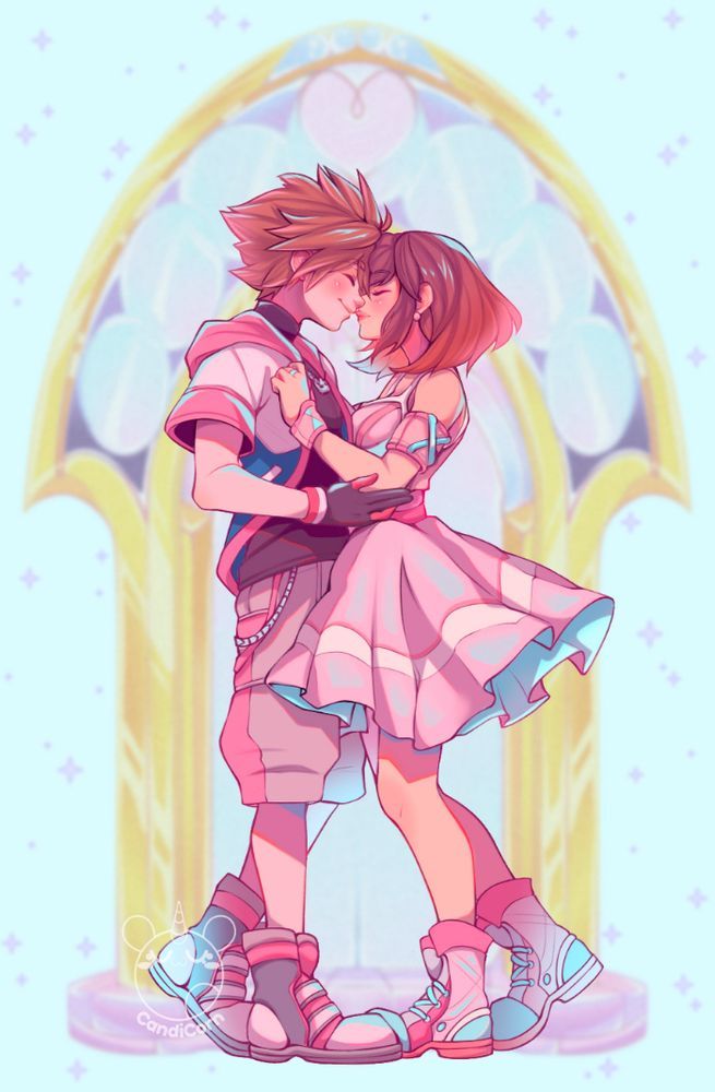 digital illustration of sora and kairi from kingdom hearts posed romantically in pastel colors