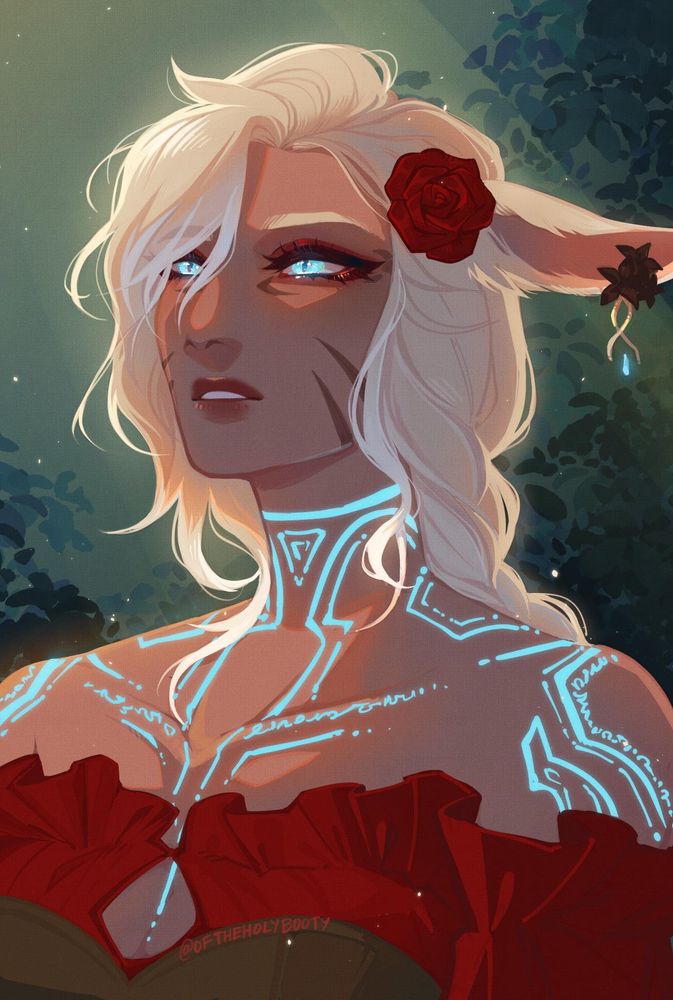 a portrait of a blond miqo with flowers in their hair, glowing blue tattoos, piercing blue eyes, and a red dress, looking off melancholy into the distance