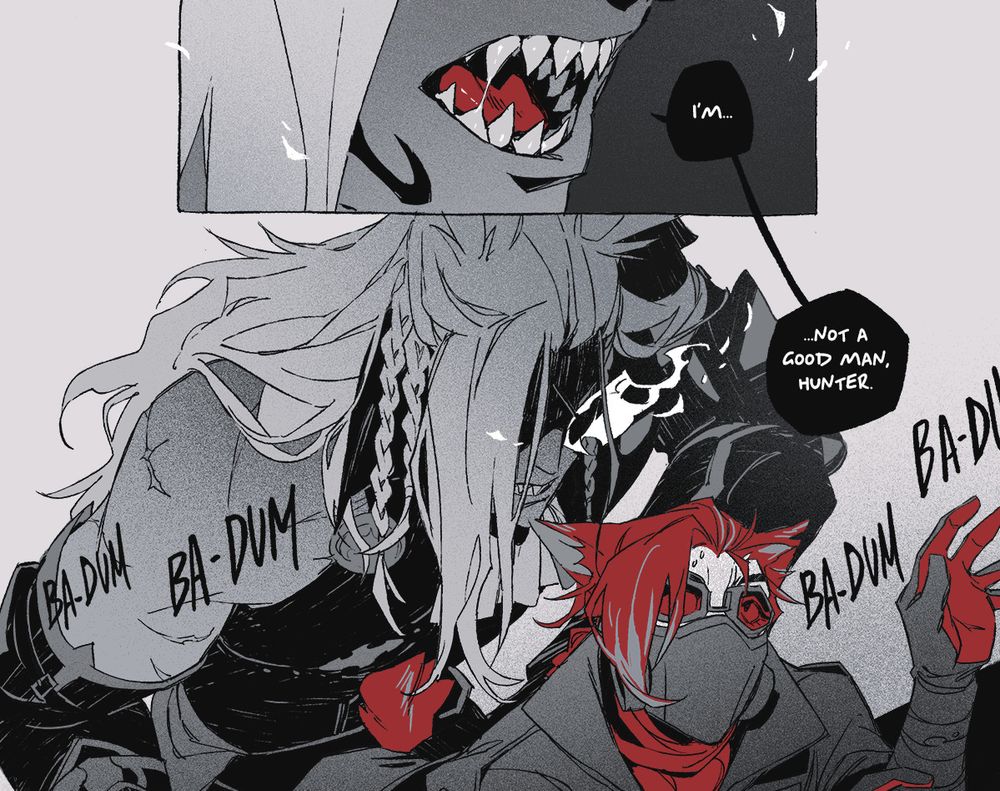 first panel: meridian's giant teeth as he says 'I'm ..."

second panel: meridian bearing down on tal. " ... not a good man, hunter."