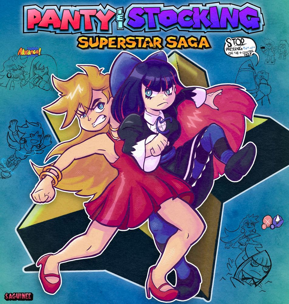 Mario and Luigi Superstar Saga box art redrawn with Panty and Stocking with sketches of activities from the game surrounding it 