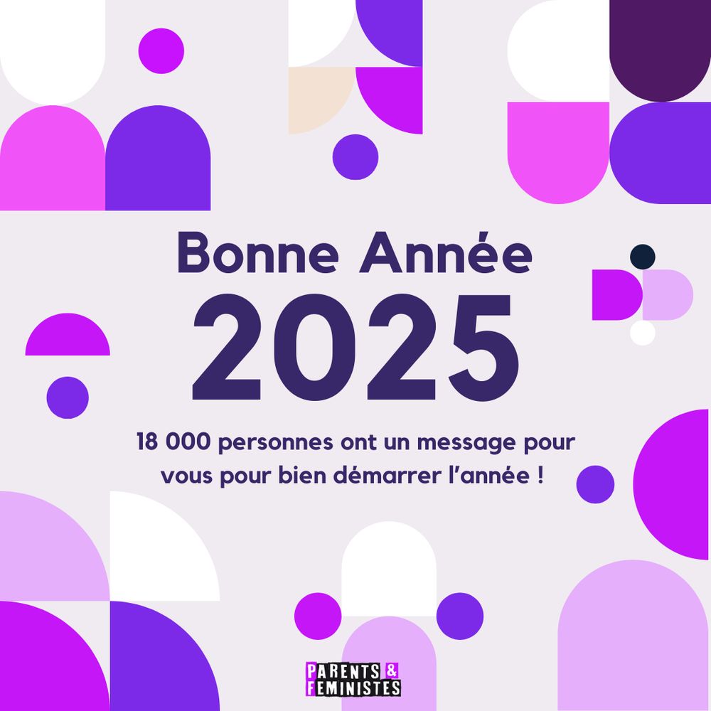 Carte de vœux rose, violet et blanc avec des formes arrondis avec comme message au centre : "Bonne Année 2025, 18 000 personnes ont un message pour vous pour bien démarrer l'année !" 
