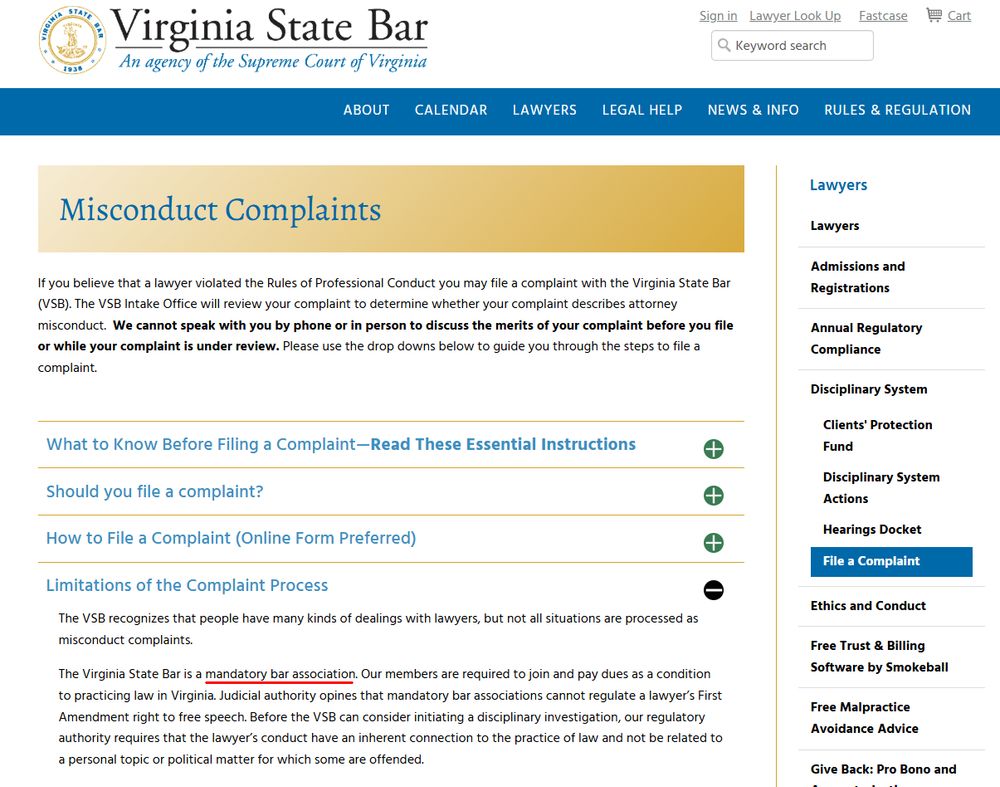 The page for Misconduct Complaints from the Virginia State Bar website saying that "The Virginia State Bar is a mandatory bar association."