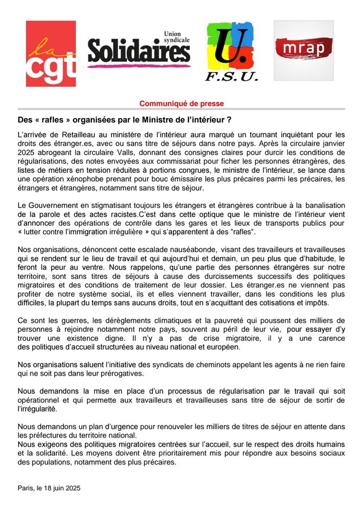 Communiqué unitaire de la CGT, Solidaires, Fsu et Mrap