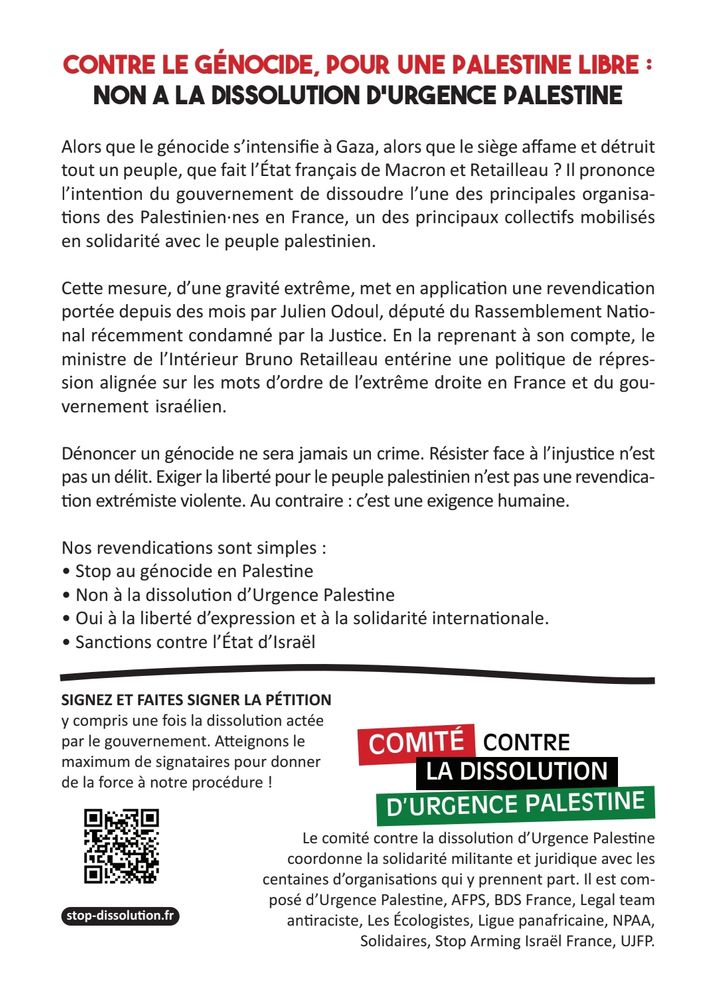 Tract du comité contre la dissolution d'Urgence Palestine appelant à signer la pétition : stop-dissolution.fr