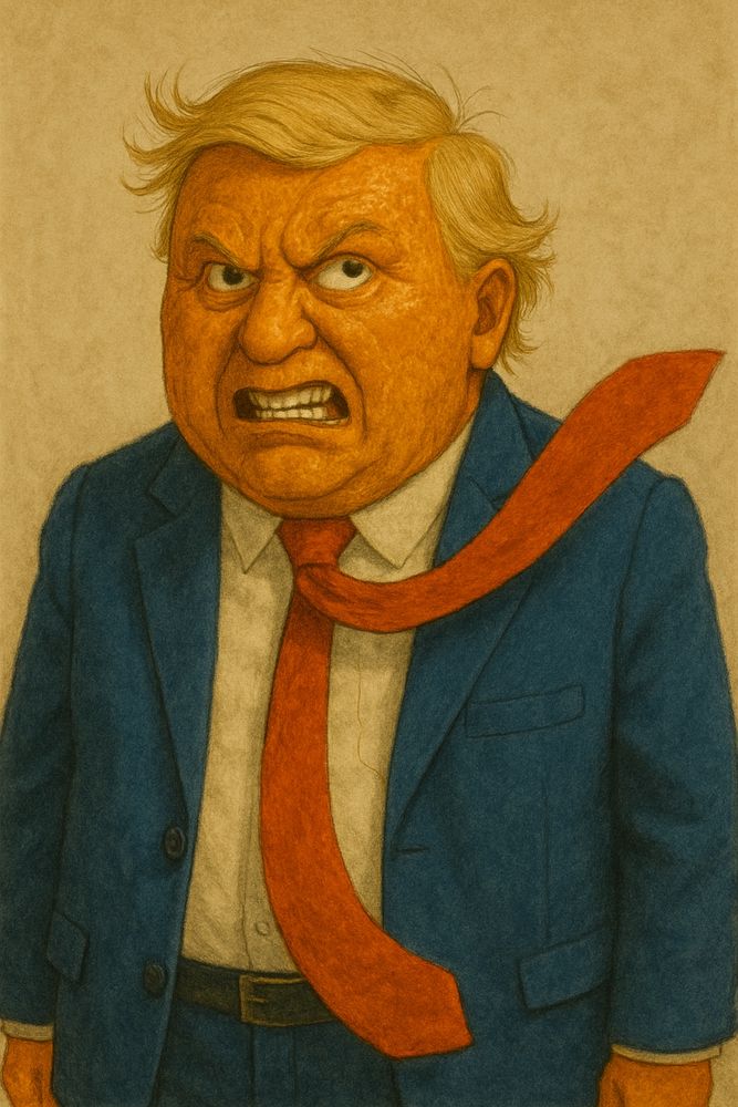 An old blonde fat man with a bad comb over wearing a blue suit with a long tie flipping over his shoulder and with the expression of a demented lunatic. 
