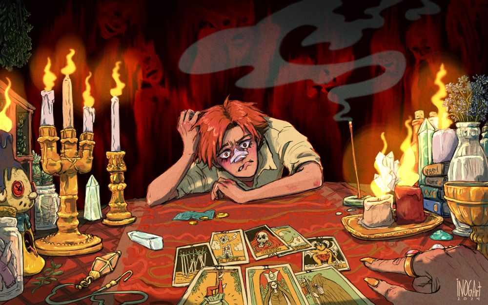 Digital art.
Otto (original character), having a tarot card reading. There are various candles and esoteric trinkets on the table. Behind Otto there are red specters in the dark.