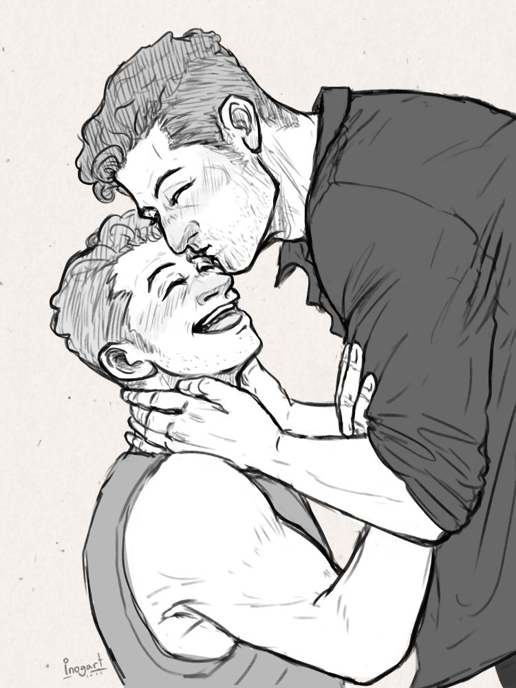 Digital drawing
Sketch commission of Buck and Tommy from the show 911. Tommy is leaning over Buck, holding his neck and kissing Buck's birthmark over his left eyebrow. 