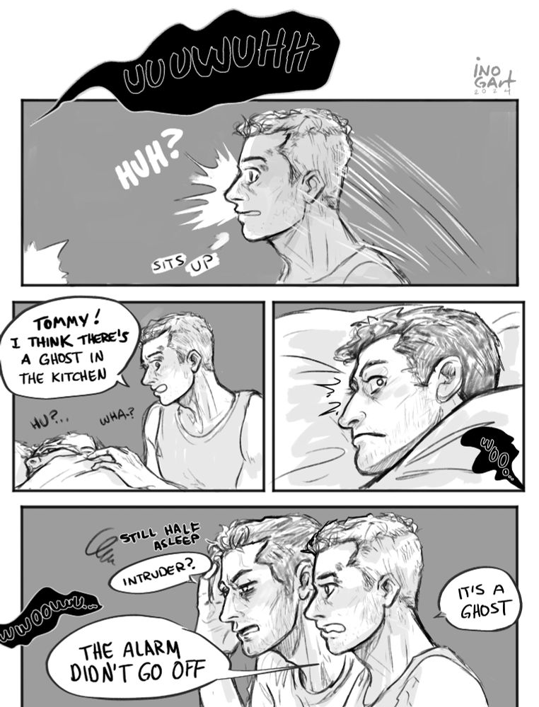 Comic en blanco y negro
Página 1
Buck despierta sobresaltado por que escucha un gemido escalofriante de lejos, despierta a Tommy que piensa que es un intruso en la casa. Buck le dice que es un fantasma por que no sonó la alarma.