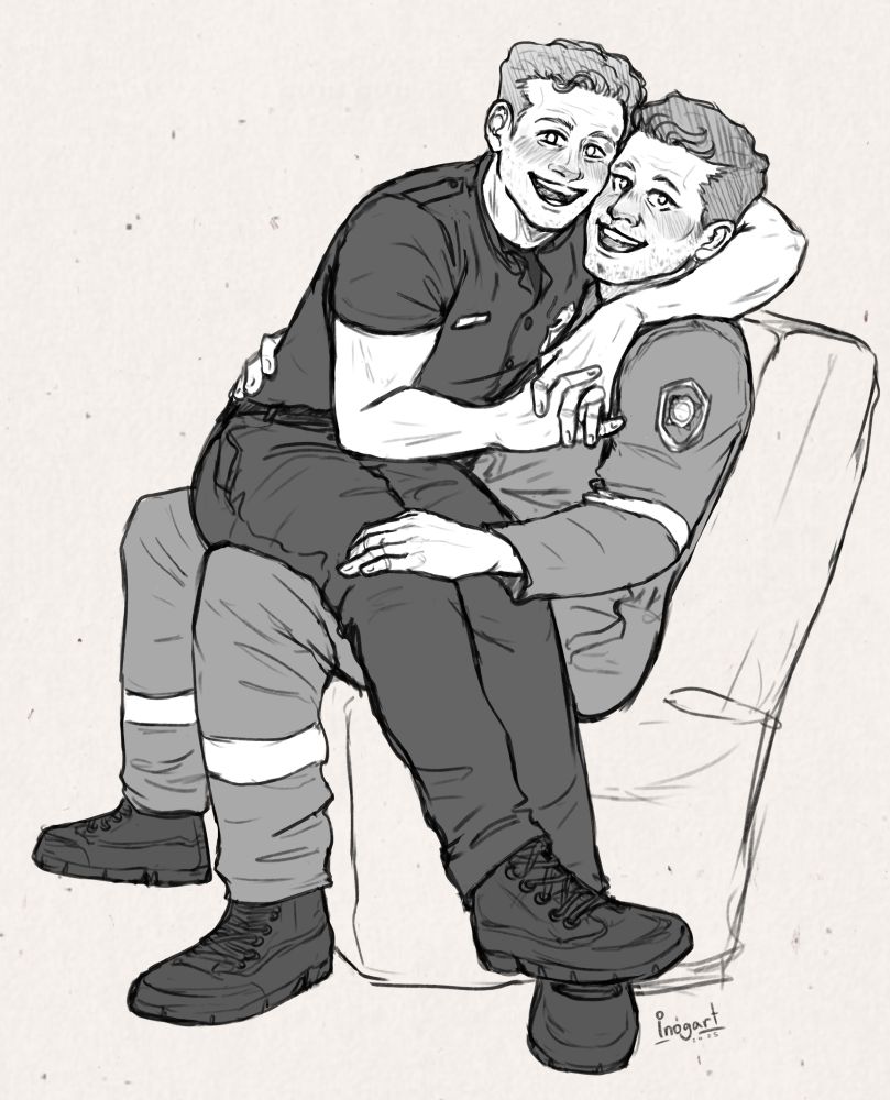 Digital art sketch in black and white.
Buck and Tommy fanart from the show 9-1-1. Tommy is sitting on a chair with Buck on his lap. Buck has his arms around Tommy's neck and they are pressing their faces together while looking directly at the spectator.