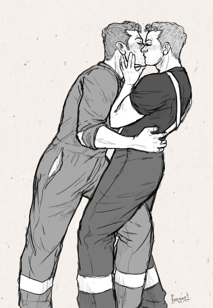 Digital drawing.
Fanart of Buck and Tommy from the 911 series, they're softly kissing while standing, with Buck's hand on tommy cheek and Tommy's hand around Buck's waist.