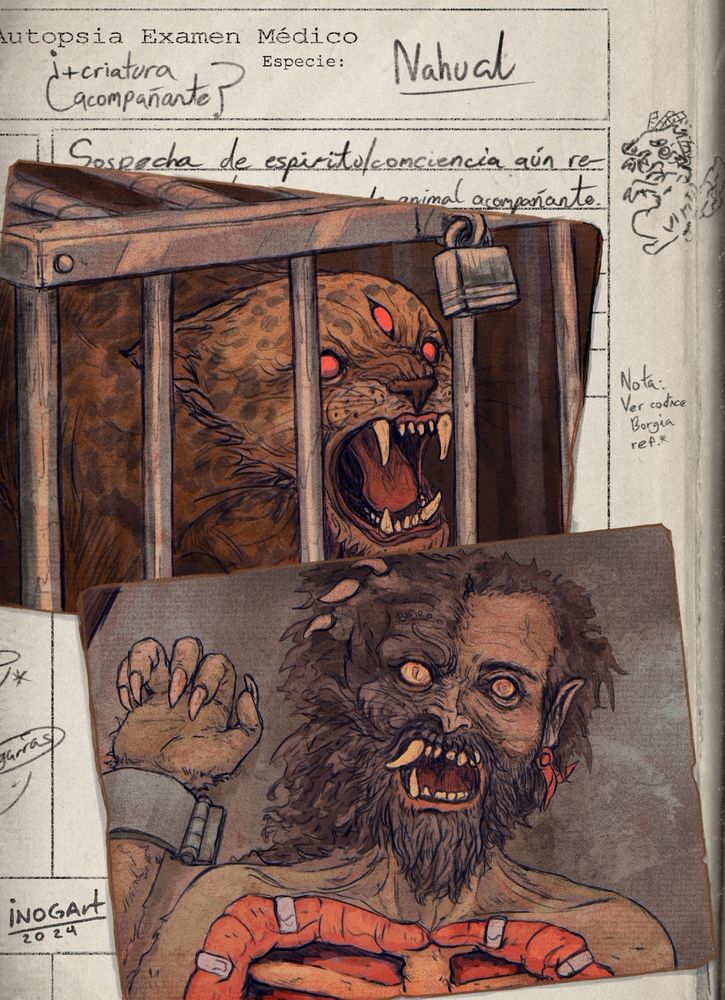 Illustrated autopsy report of a nahual with two illustrated photos and an oscured report. Written in spanish