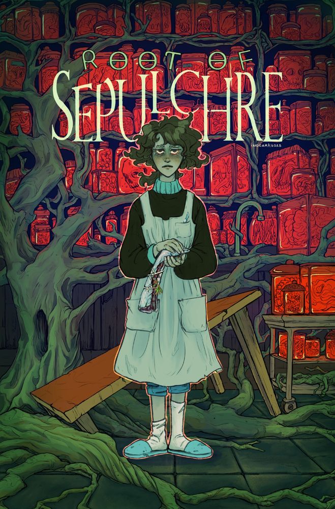 Digital art. Cover art for my comic book "Root of Sepulchre"
A woman stands in the middle of the drawing holding a severed arm wrapped in thin rope. Behind her is a broken table over a tree protuding from the tiled ground, it's branches are all over a big wall filled with red jars with various objects and specimens in them. The mood is eerie.