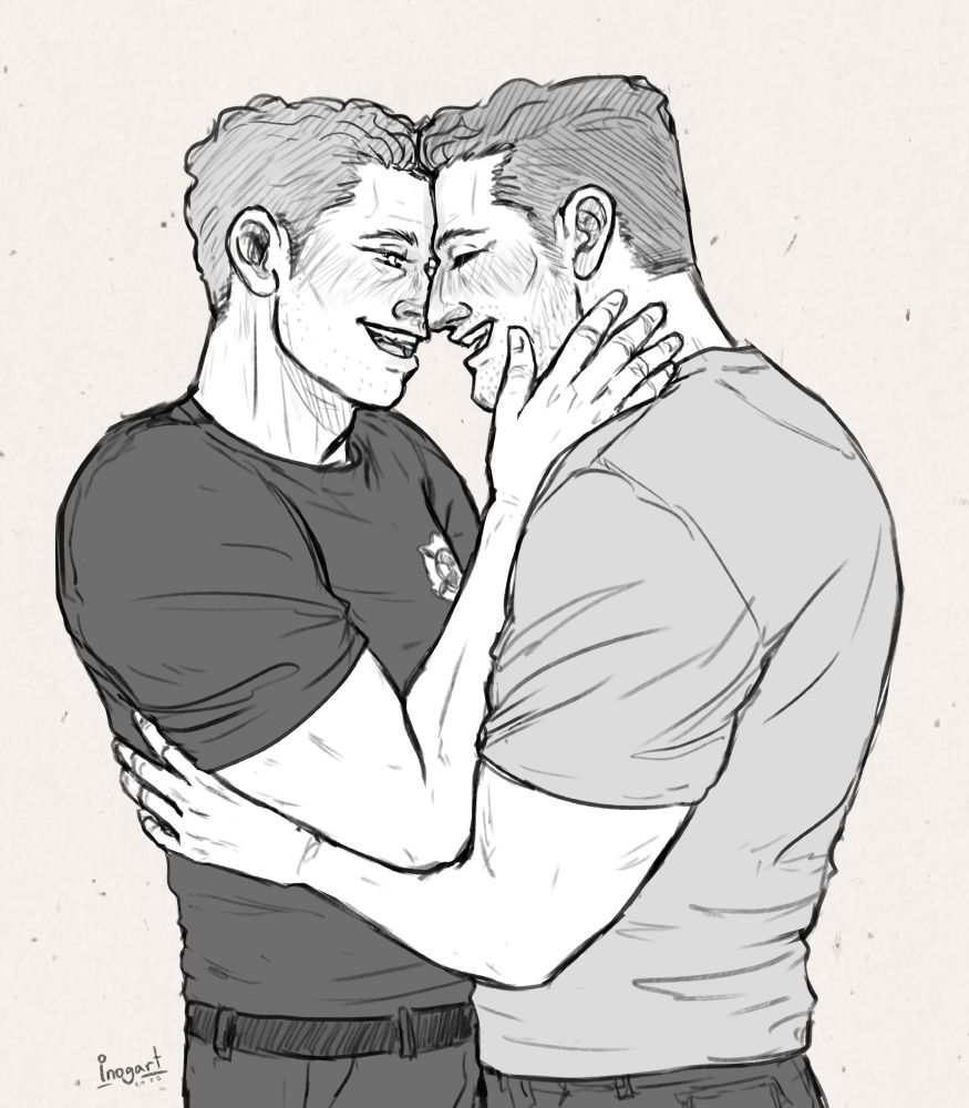 Digital sketch in black and white
Characters are Buck and Tommy from the ABC series 9-1-1. They are happily touching foreheads while Buck gently holds Tommy's face between his hands and Tommy has his hands around Buck's waist.
