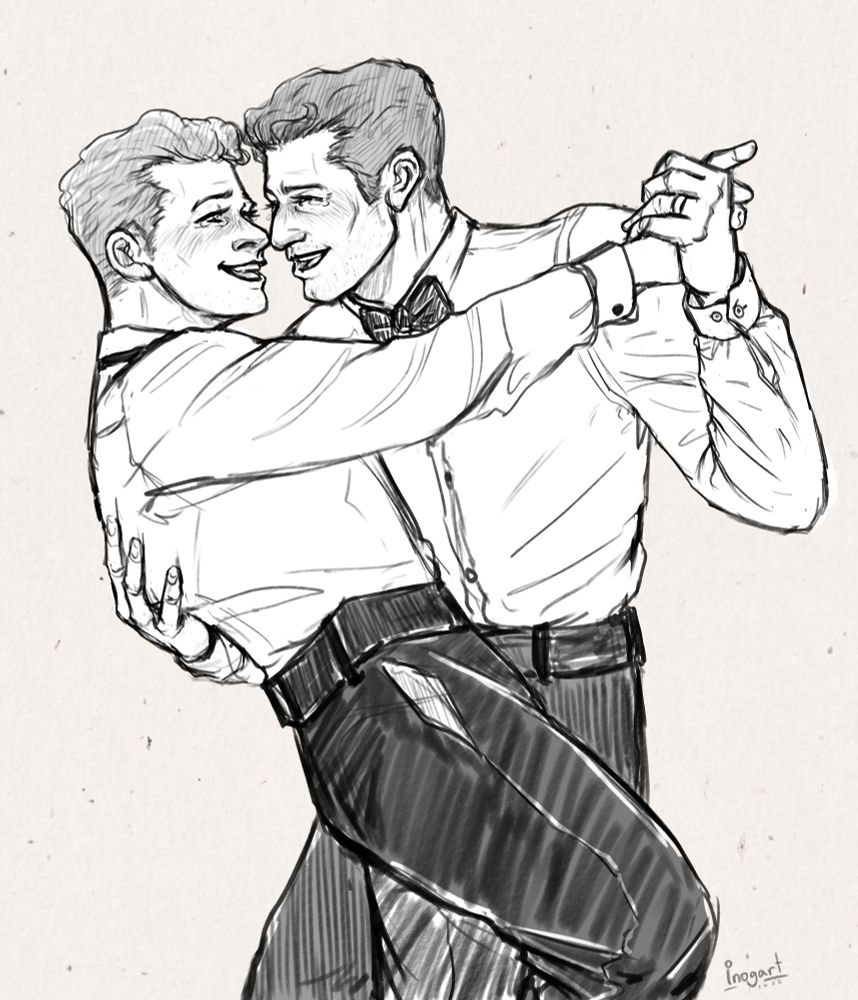 Digital drawing.
Fanart of Buck and Tommy from the 911 series. They're in the middle of their wedding dance with Tommy dipping Buck slightly, holding hands and teary eyed while laughing.