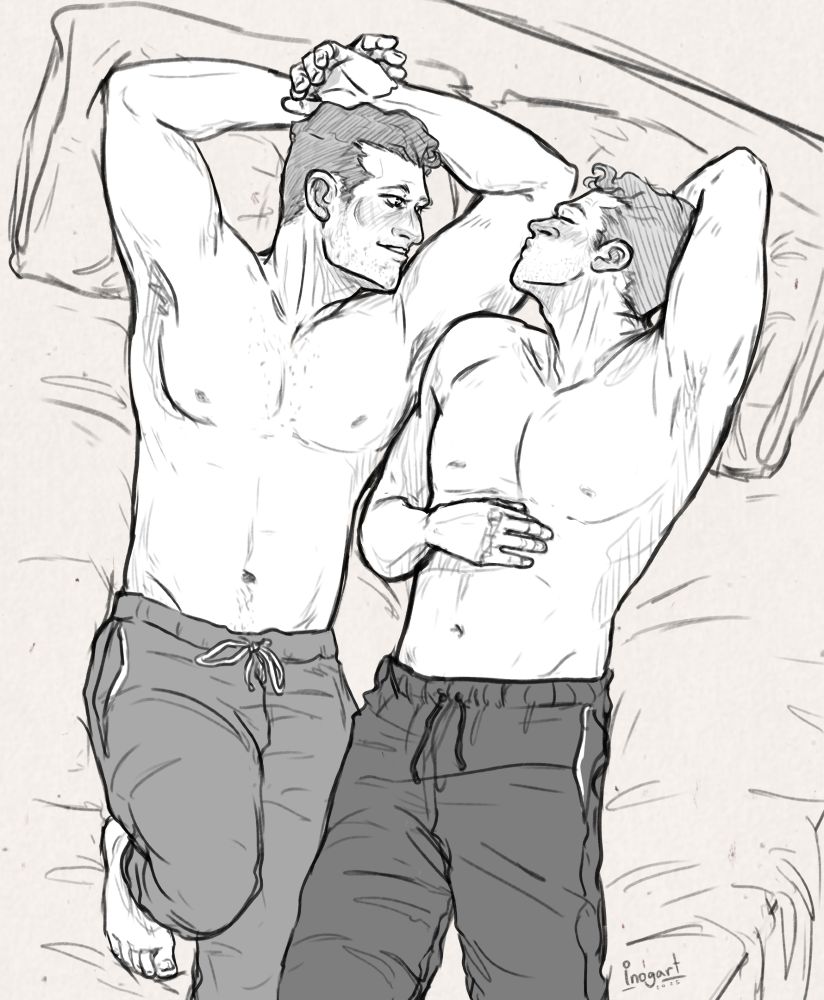 Digital drawing in black and white.
Sketch of Tommy and Buck from the show 9-1-1. They are lying in a bed with out shirts and with soft jogging pants on. Tommy has his hands over his head and Buck has one hand under his own head while kissing Tommy's bicep. The reference for the pose is from a scene from the movie Red, White and Royal Blue 