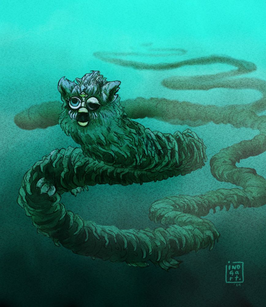 Digital art.
A monstruous furby in the depths of a dark sea. It's body extends long long behind it until it is no longer visible. It's little yellow beak is open and one of it's eyes in half lidded and dark.