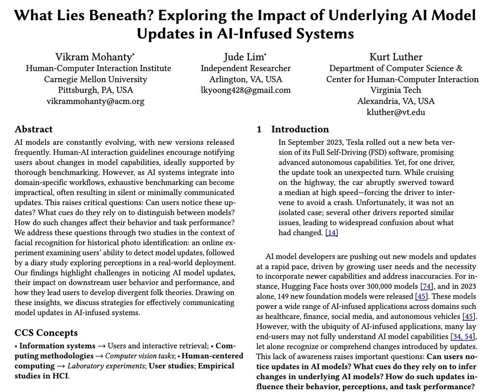Screenshot of the CHI 2025 paper titled “What Lies Beneath? Exploring the Impact of Underlying AI Model Updates in AI-Infused Systems,” by Vikram Mohanty, Jude Lim, and Kurt Luther, showing the abstract and introduction.