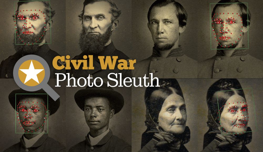 Promotional image for Civil War Photo Sleuth showing historical portraits of men and women from the Civil War era, overlaid with facial recognition landmarks. The Civil War Photo Sleuth logo with a star inside a magnifying glass appears prominently in the center.