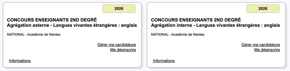 Capture d'écran montrant que je suis inscrite à l'agreg interne ET l'agreg externe d'anglais en 2026.