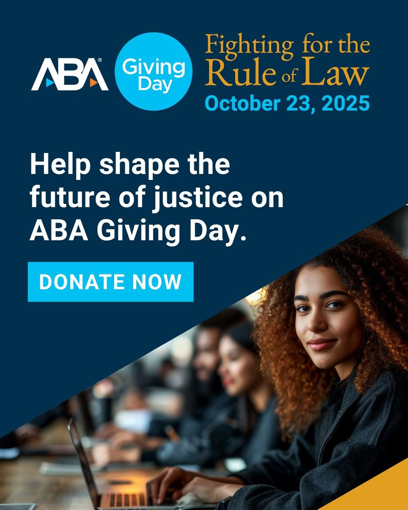 Promotional image for ABA Giving Day on October 23, 2025, featuring a smiling individual at a laptop encouraging donations to support the future of justice with a "Donate Now" button.