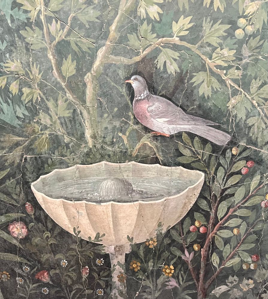 Detail from a 1st century fresco of a garden scene excavated from the House of the Golden Bracelet in Pompeii in 1975.