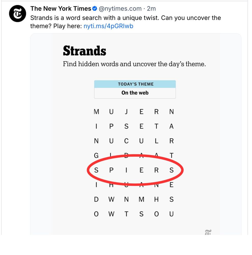 Today's strands game. Fifth line down is "SPIERS"