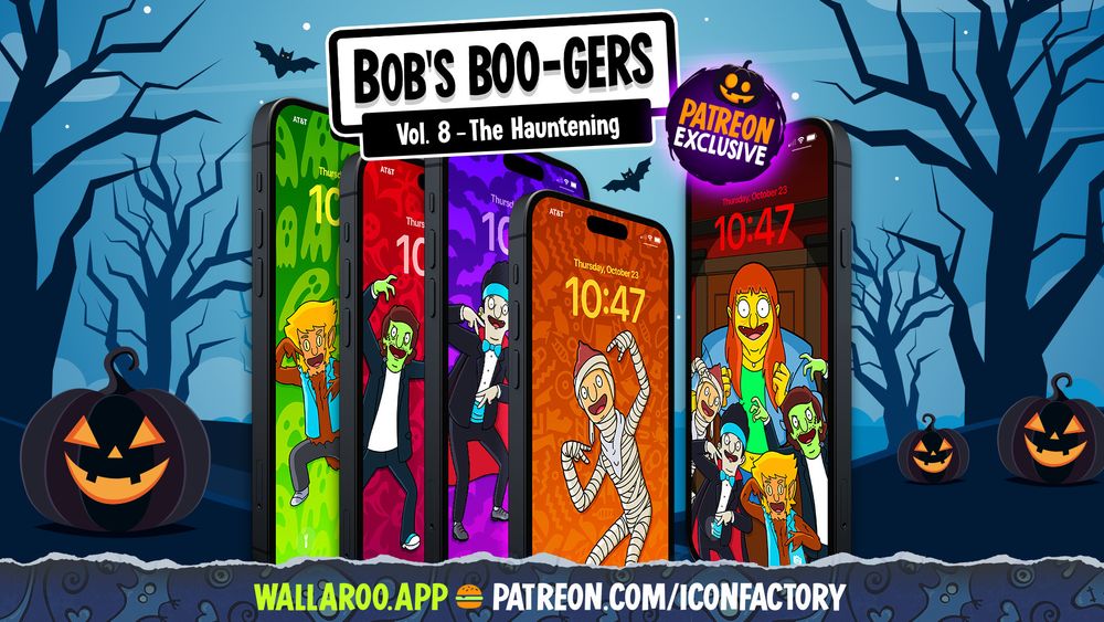 Multiple iPhones with lock screens showing each of the 4 Boyz 4 Now members from Bob's burgers dressed up as spooky characters plus a group version with all of them. Bob's Boo-gers Vol 8 - The Hauntening • Wallaroo.app • patreon.com/iconfactory