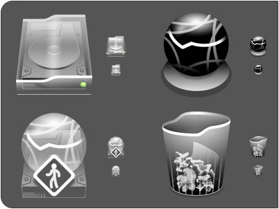 Clear finder Icons for the Mac desktop from 2006 including a clear hard drive, iCloud Drive and trash folder. 